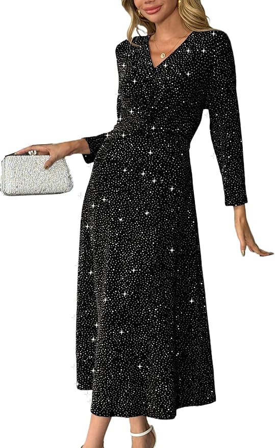 heipeiwa Women's Rhinestone Dresses Long Sleeve Ruched Sequin Sparkle Shiny Gown Party Wedding Gu... | Amazon (US)