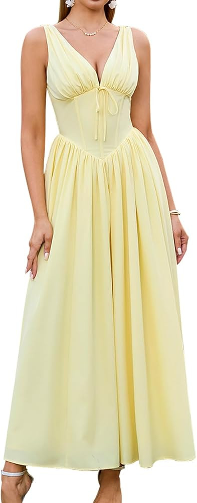 GLNEGE Women's Summer Corset Midi Milkmaid Dress Casual V Neck Flowy A Line Sundress Wedding Gues... | Amazon (US)