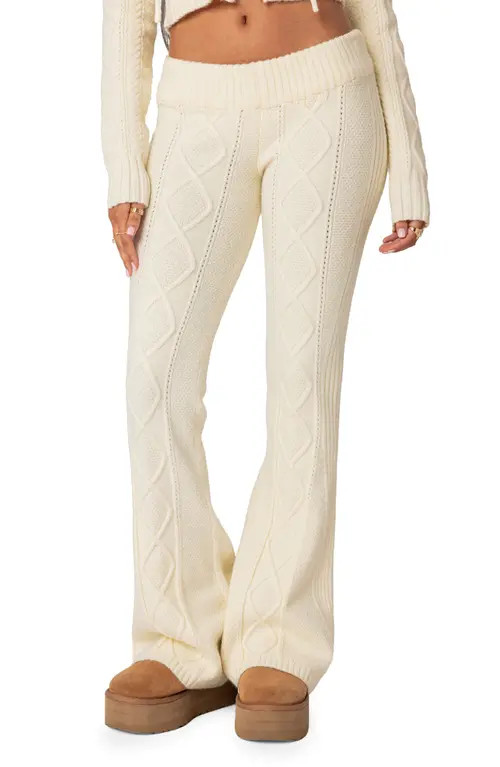 EDIKTED Ray Cable Stitch Knit Flare Sweater Pants in Cream at Nordstrom, Size X-Large | Nordstrom