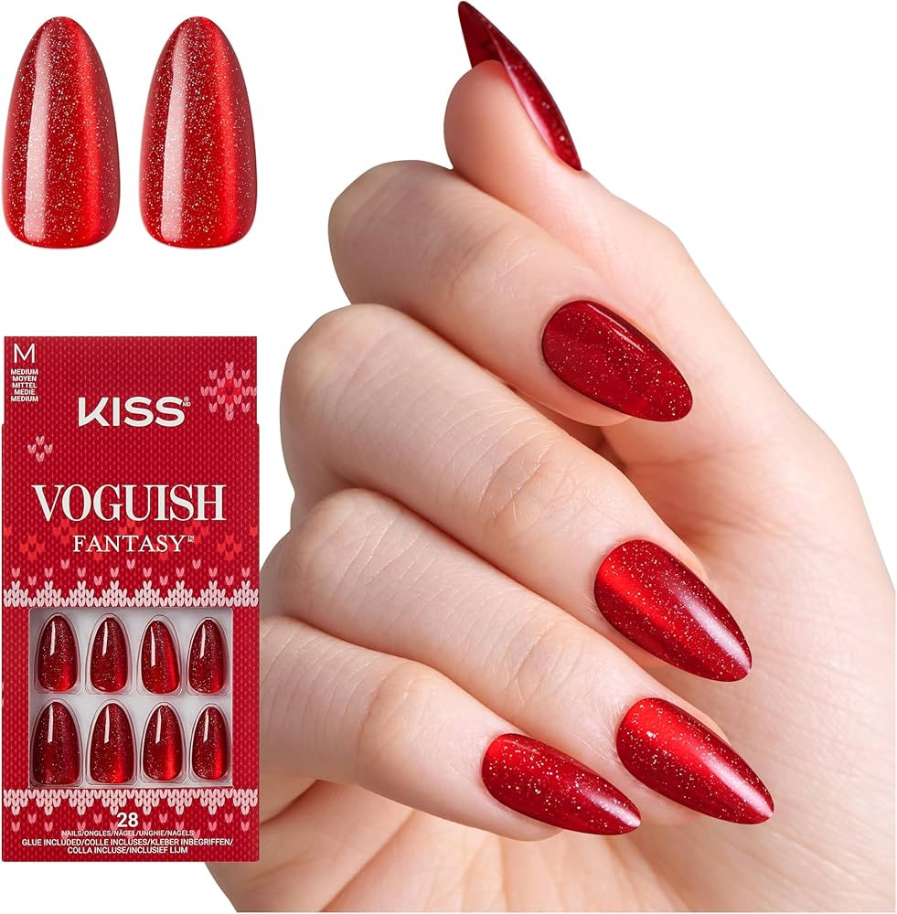 KISS Voguish Fantasy Holiday Press On Nails Almond, ‘Carol for You’, Red, Medium, No Damage T... | Amazon (US)