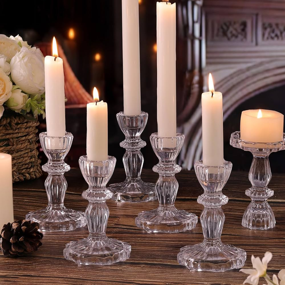 Glass Candlestick Holders Set 6PCS, Clear Taper Candle Holders Bulk, Crystal Tall Candle Holder f... | Amazon (US)