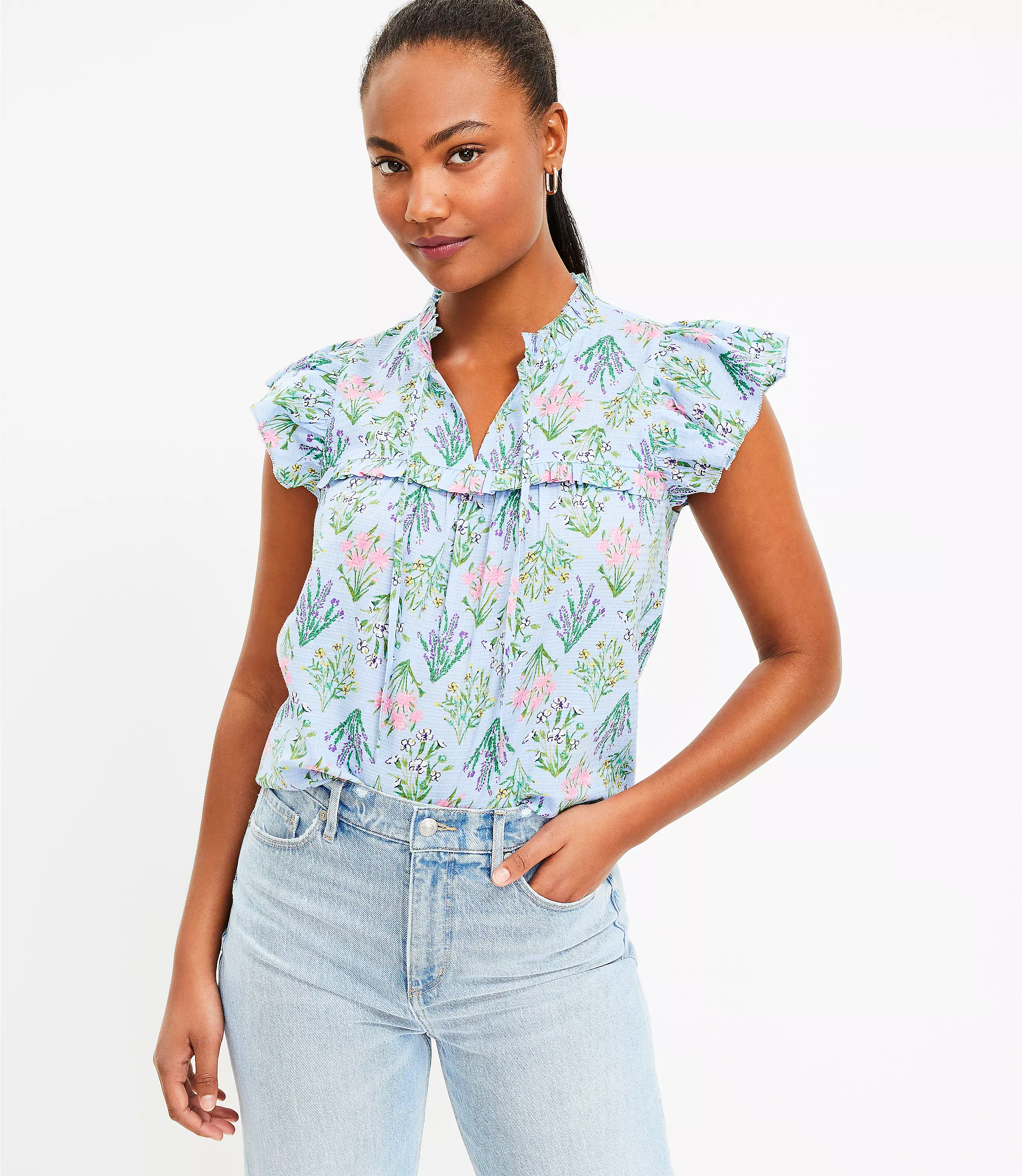 Bouquet Ruffle Yoke Tie Neck Top | LOFT