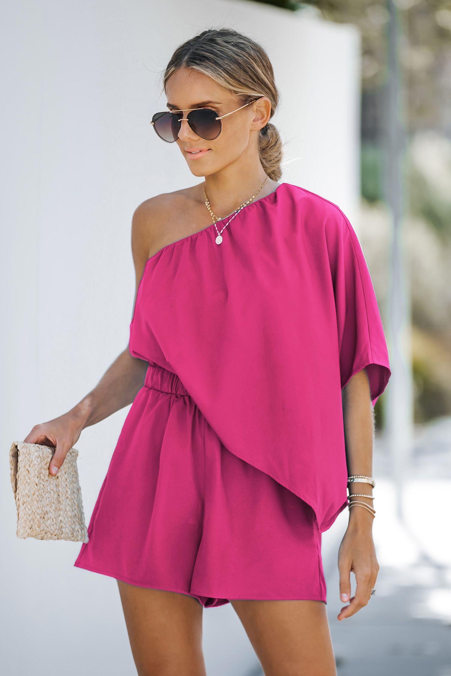 Fuchsia One-Shoulder Draped Bodice Romper | Cupshe US