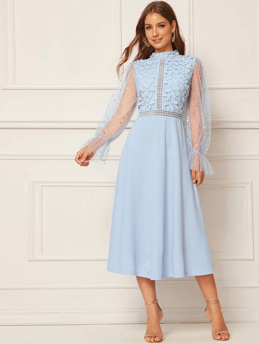 SHEIN Star Mesh Bell Sleeve Guipure Lace Bodice Solid Dress | SHEIN