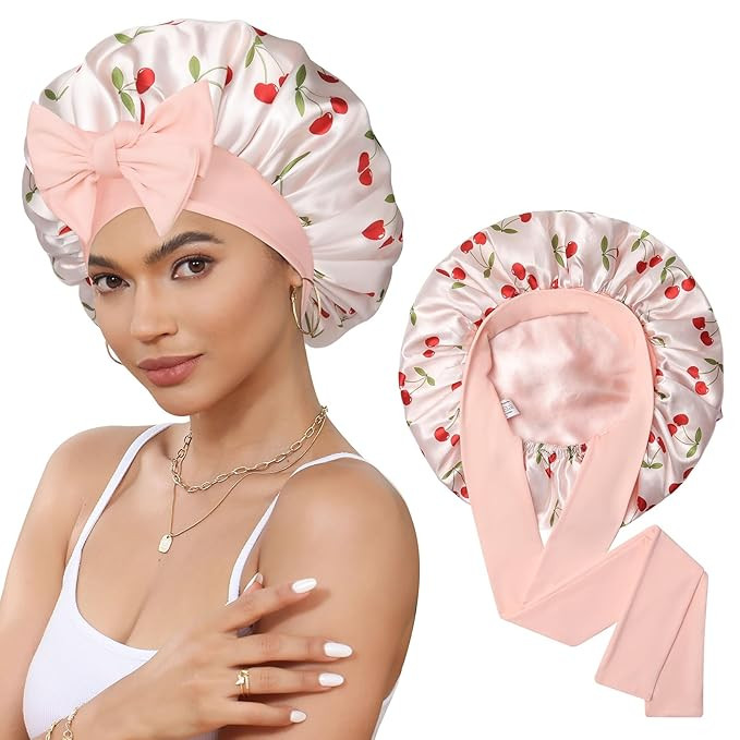 Satin Bonnet Silk Bonnet for Sleeping Silk Sleep Cap Double Layer Hair Bonnet with Elastic Tie Ba... | Amazon (US)
