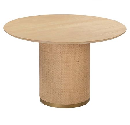 49 inch round kitchen table in light natural wood with rattan wicker base and gold brass detail 

#LTKHome #LTKFamily #LTKOver40