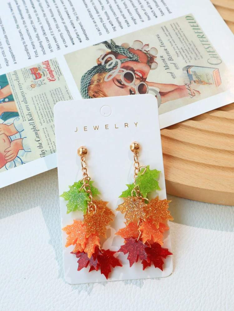 1 Pair Autumn/Winter Personalized Bling Bling Acrylic Maple Leaf Earrings, Exquisite Handmade Ins... | SHEIN