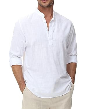 Cotton Linen Shirts for Men Lightweight Casual Long Sleeve Henley Beach Hawaiian Tops | Amazon (US)