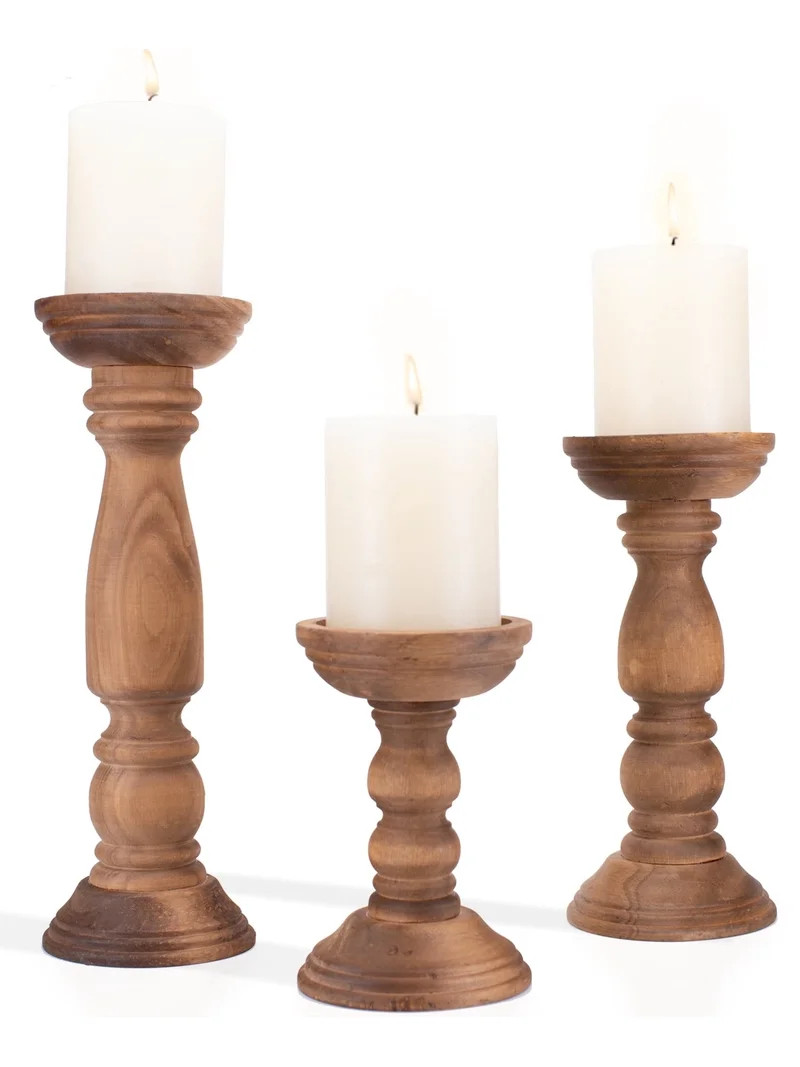 Farmhouse Wooden Candle Holders for Pillar Candles Set of 3, Rustic Wood Candle Holder Table Cent... | Walmart (US)