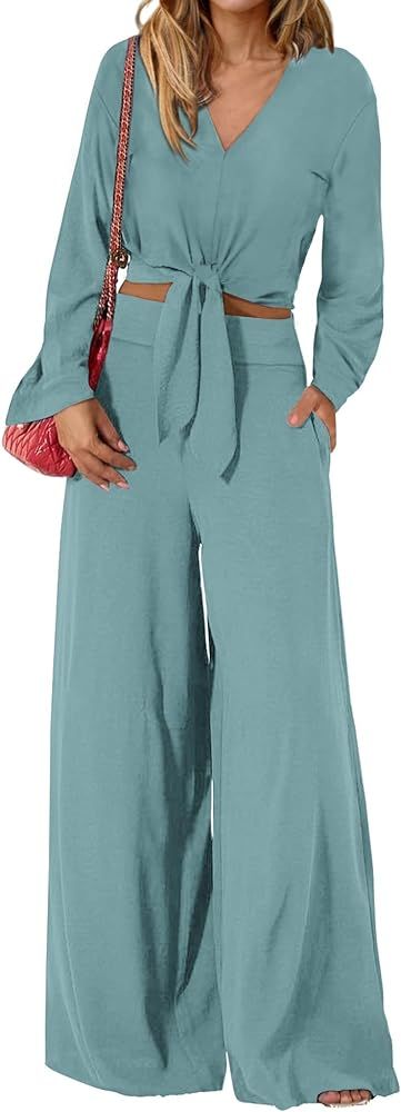 PRETTYGARDEN Women's 2 Piece Outfits 2024 Fall Casual Tracksuits V Neck Long Sleeve Strappy Crop ... | Amazon (US)