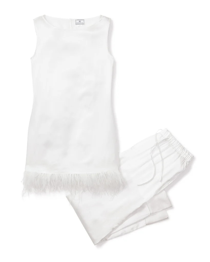 Women's Mulberry White Silk Tunic Set with Feathers | Over The Moon