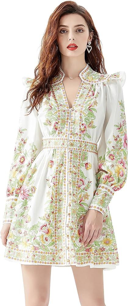 LAI MENG FIVE CATS Women's Summer Puff Sleeve V-Neck Floral Print Casual Swing Mini Dress | Amazon (US)