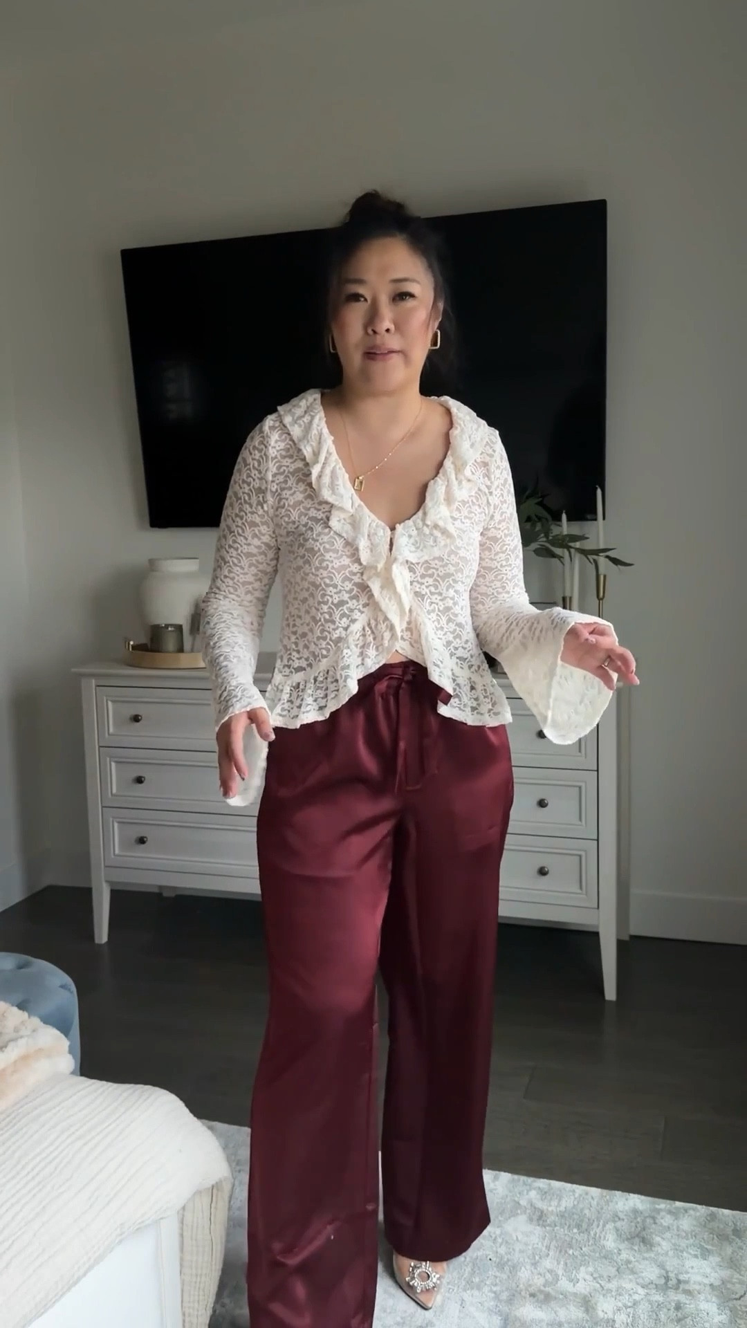 Target Holiday Outfits
Ruffle Top: Small
Satin Pants: Medium

target fashion, holiday outfit, Christmas outfit, burgundy pants, satin pants, holiday ootd, trendy fashion, women’s fashion, ootd 

#LTKSeasonal #LTKootd #LTKgrwm