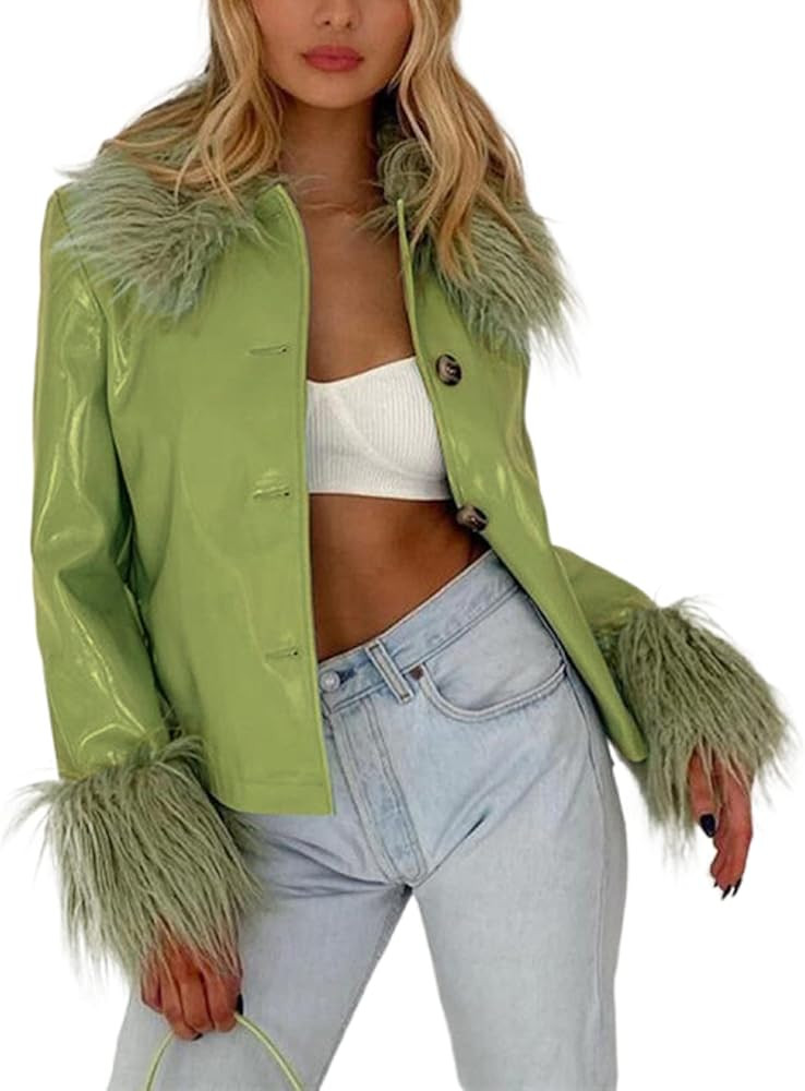 Women Faux PU Leather Jacket Fur Trim Cute Y2k Cardigan Casual Loose Cropped Jackets Coat Vintage St | Amazon (US)