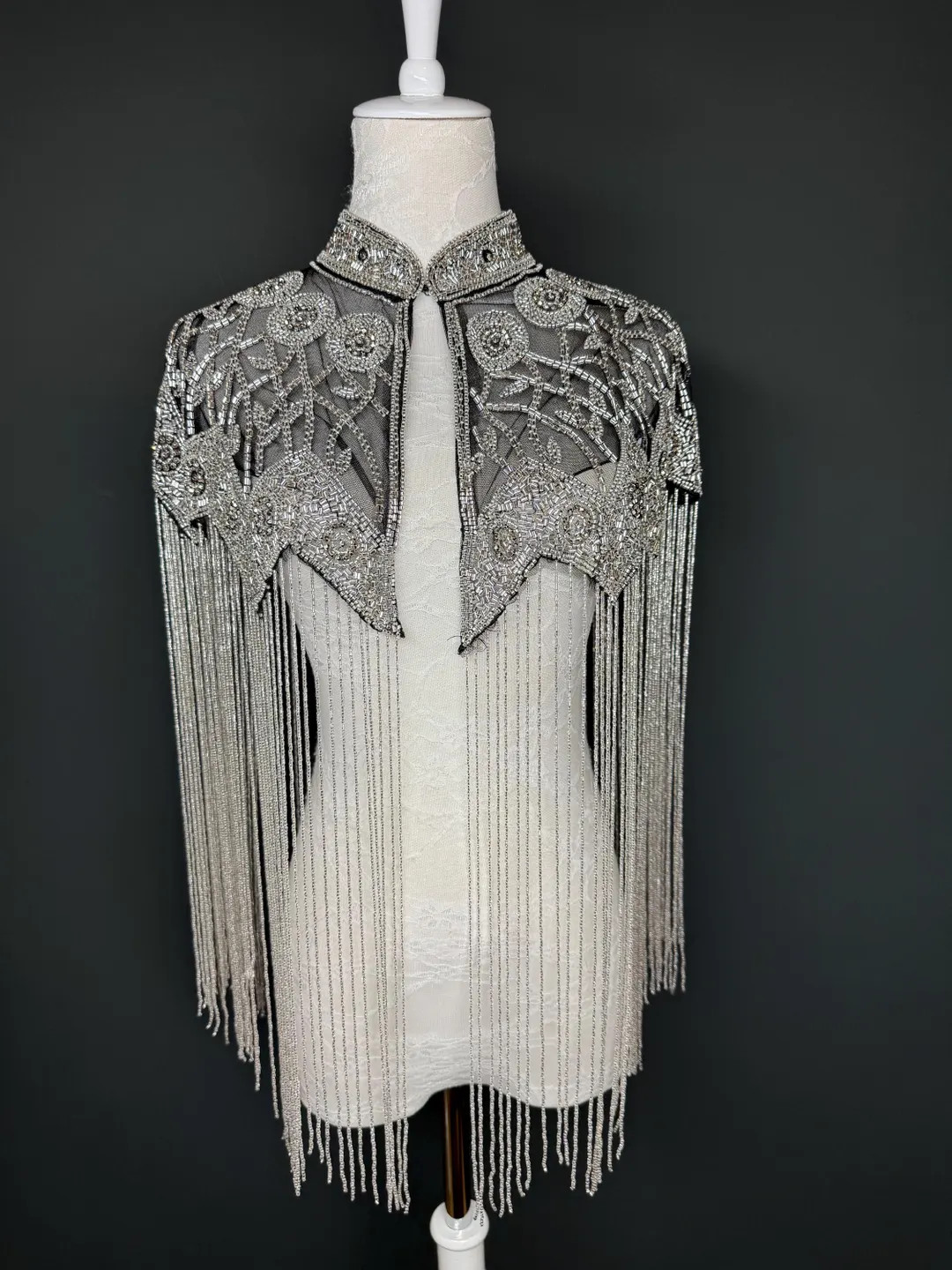 Beaded Fringe Cape Shawl – Handmade Gold or Silver Embellished Evening Wrap | Etsy (US)