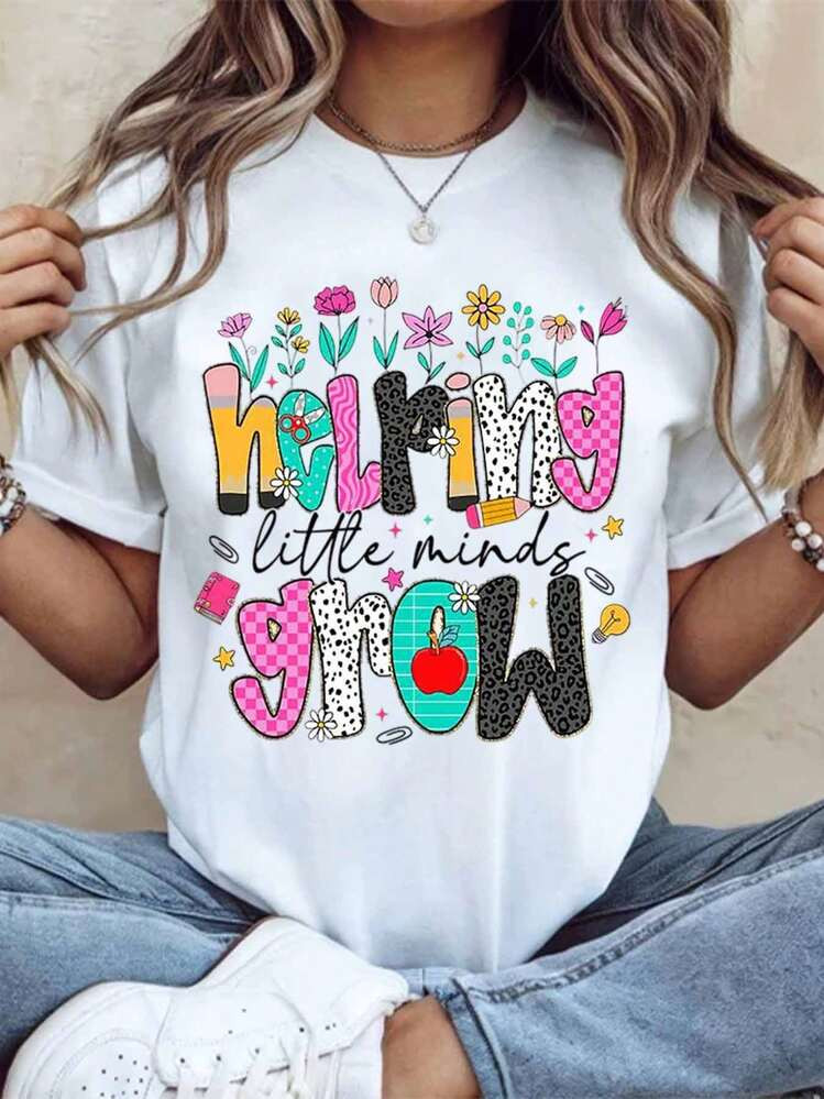Helping Little Minds Grow Teacher Shirt For Women Educational Gift For Teachers School Spirit Wea... | SHEIN