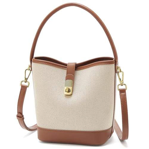 FOXLOVER Coated Canvas Bucket Crossbody Bags for Women Top-Handle Handbags Small Satchel Purse Trendy Twist Lock(Brown) | Amazon (US)