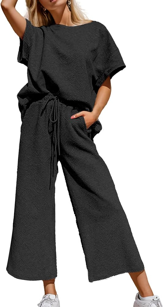 Women's 2 Piece Outfits Textured Sweatsuit 3/4 Batwing Sleeve Crew Neck Pullover Top Wide Leg Pan... | Amazon (US)