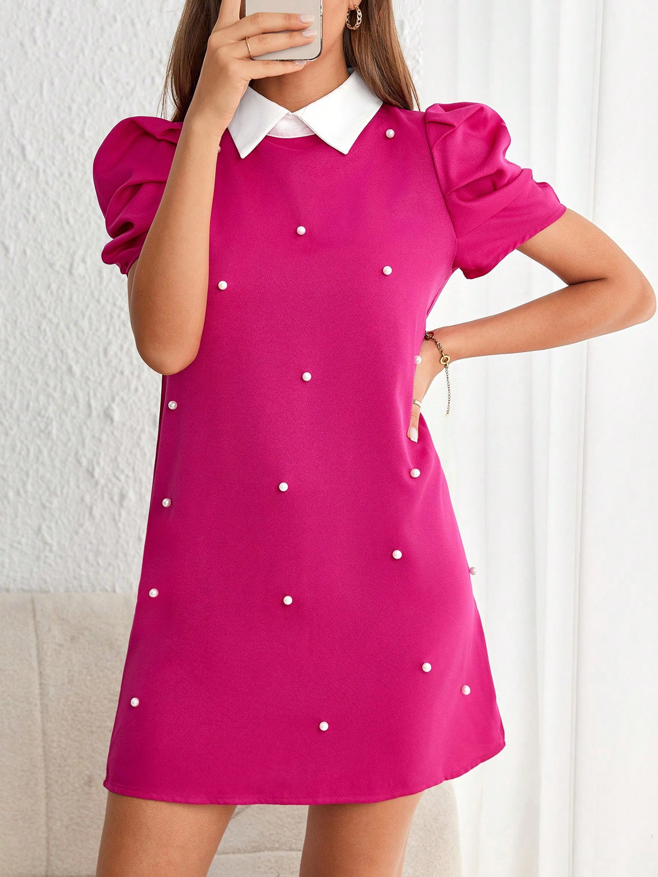SHEIN Privé Pearls Beaded Contrast Collar Puff Sleeve Dress | SHEIN