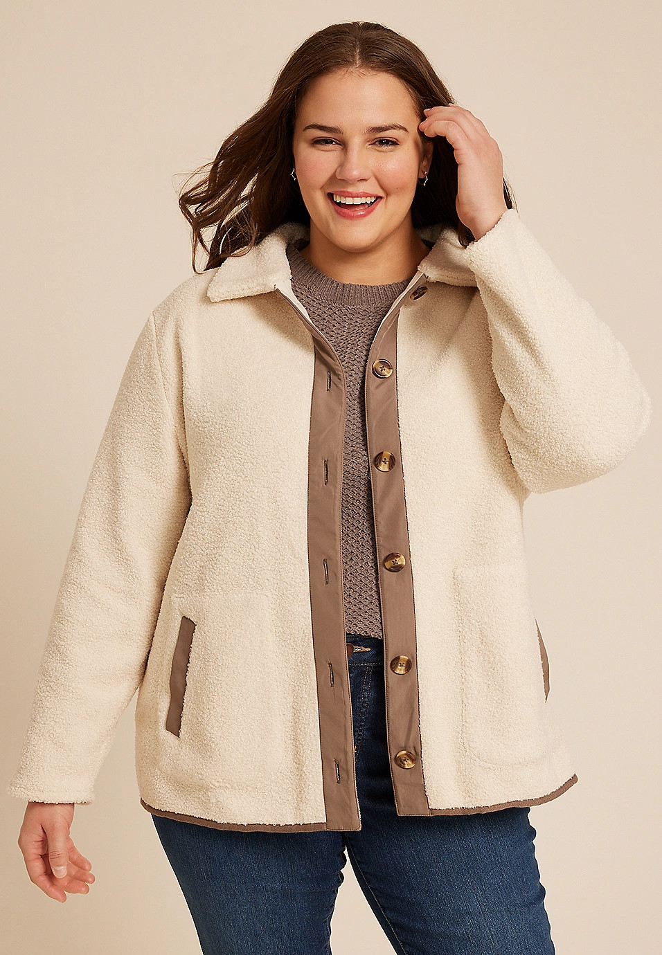 Plus Size Curly Sherpa Button Jacket | Maurices
