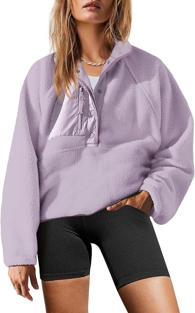 Yanekop Womens Fuzzy Fleece Pullover Sherpa Sweatshirt Long Sleeve Button Down Sweater Jacket with Pockets | Amazon (US)