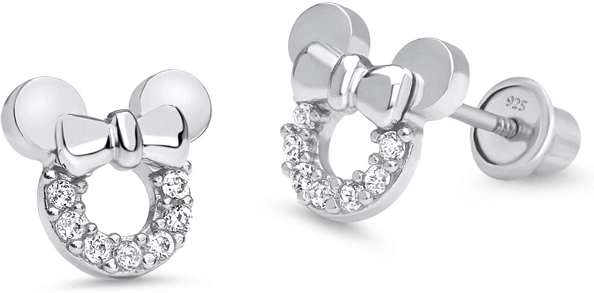 925 Sterling Silver Rhodium Plated Mouse Cubic Zirconia Screwback Baby Girls Earrings | Amazon (US)