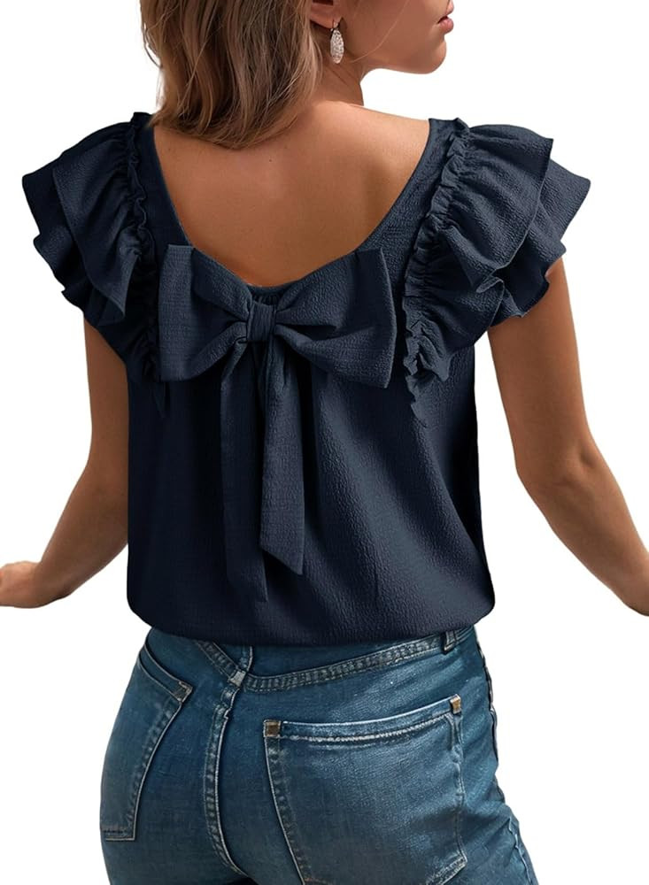 Dokotoo Womens Tops Casual Square Neck Bow Tie Back Blouse Ruffle Butterfly Sleeve Babydoll Textu... | Amazon (US)