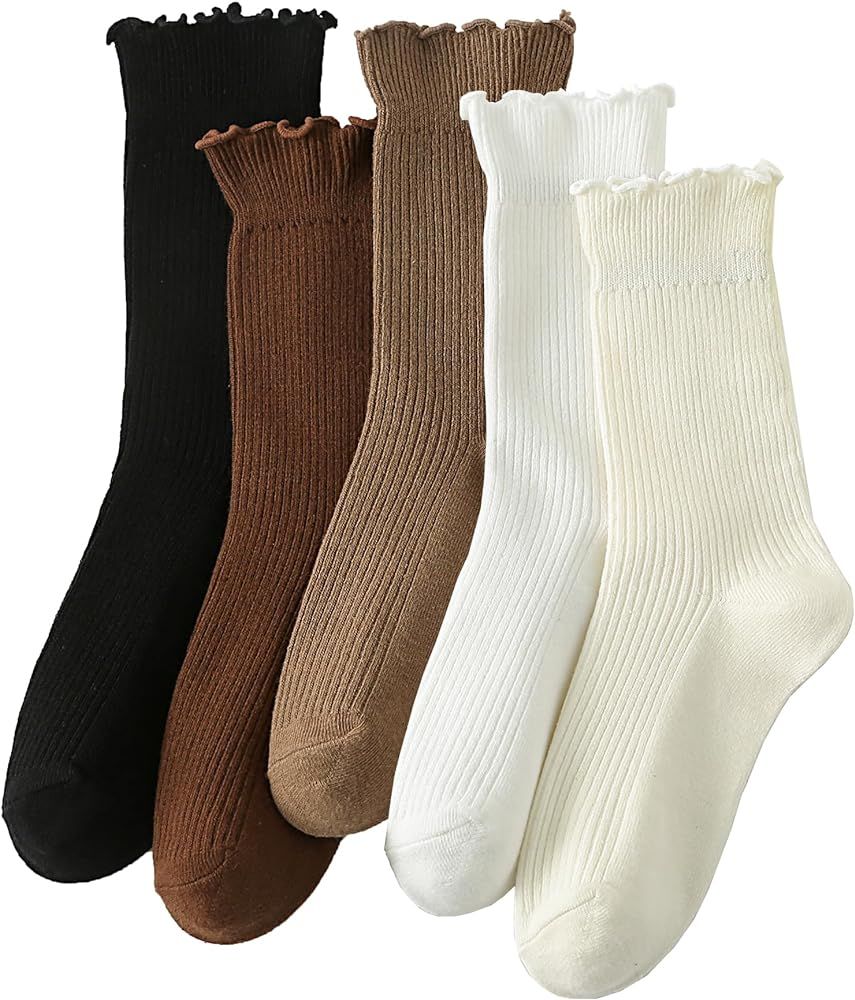 COZYOFFI Women's Ruffle Socks Knit Soft Cute Crew Casual Frilly Slouch Socks for Women 5 Pack | Amazon (US)