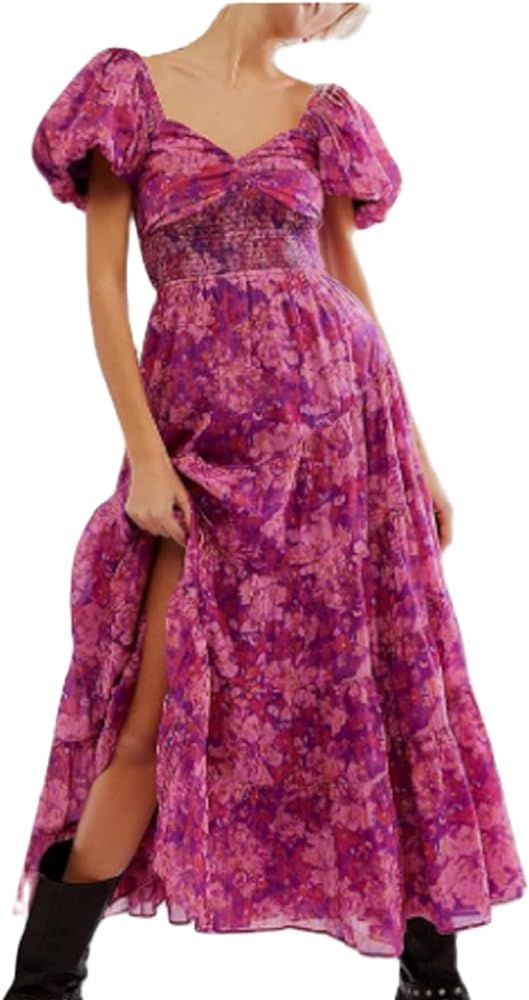 Women Summer Floral Ruffle Maxi Dress Puff Sleeve Smocked Flowy Long Dress Y2k Boho Tiered Swing ... | Amazon (US)