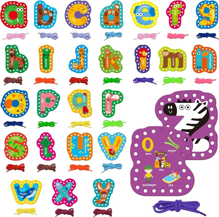 SpriteGru 26PCS Alphabet Lacing Cards, Lowercase Letters Sewing Kit with 26 Double-Sided Cards an... | Amazon (US)