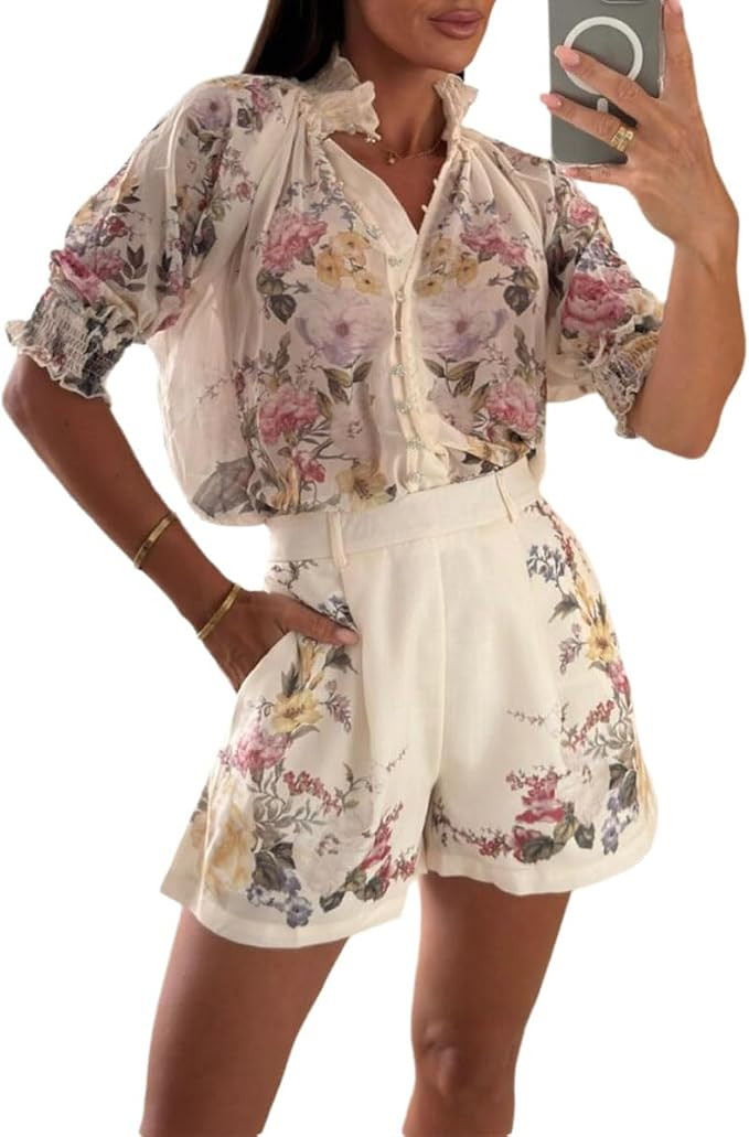 Wuitrie Short Sets Women 2 Piece Outfits Summer Short Sleeve Tops High Waist Shorts Floral Print ... | Amazon (US)
