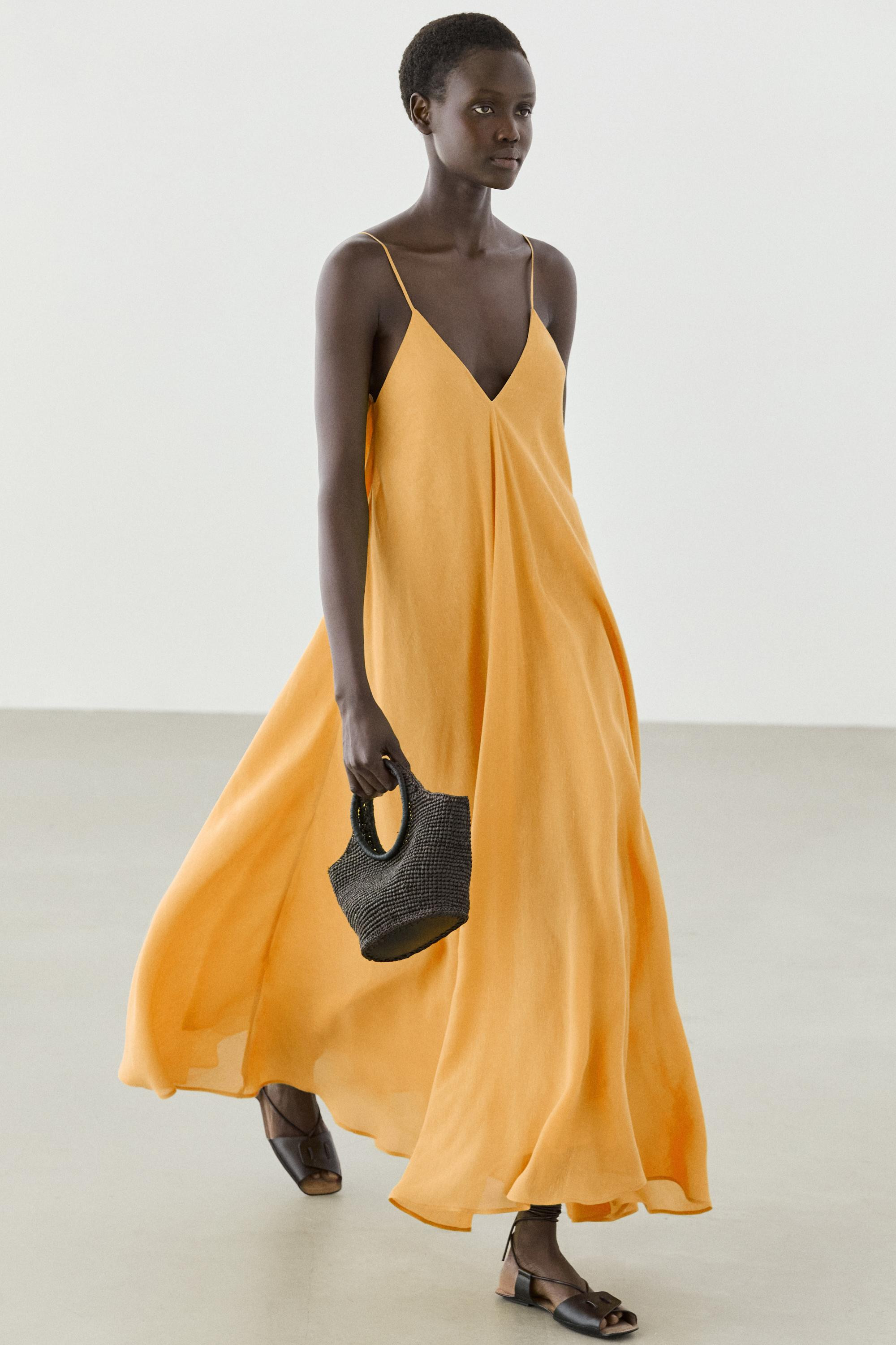 Linen blend flowing V-neck dress | Massimo Dutti US