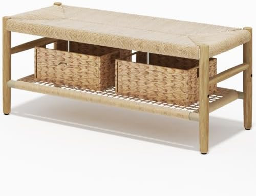 Recaceik Indoor Entryway Bench with Paper Cord Ottoman & Grid Storage Rack and 2 Baskets, Mid-Cen... | Amazon (US)