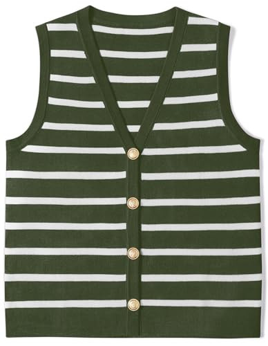 UEU Women's Stripe Vest V Neck Knit Sweater Sleeveless Crop Tank Top Green Striped Small | Amazon (US)