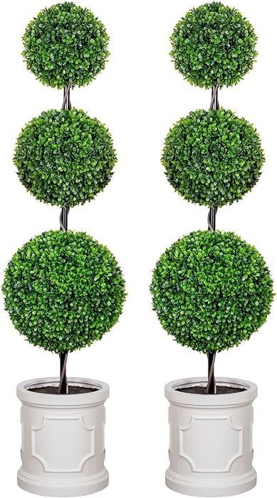 4FT Artificial Triple Ball Topiary Trees with Roman Style Vintage White Planter Pot, Outdoor Indo... | Amazon (US)