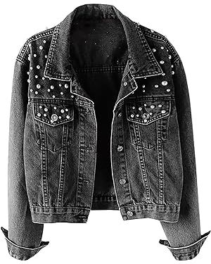 Hixiaohe Women Loose Embroidered Pearls Beading Cropped Denim Jacket Jean Coat | Amazon (US)