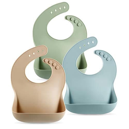PandaEar Set of 3 Silicone Baby Bibs Waterproof, Soft, Unisex, 10-72 Months (Brown/Blue/Green) | Amazon (US)