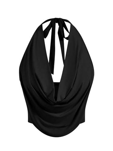 SOLY HUX Women's Sexy Backless Halter Draped Front Tank Top Plain Black | Amazon (US)