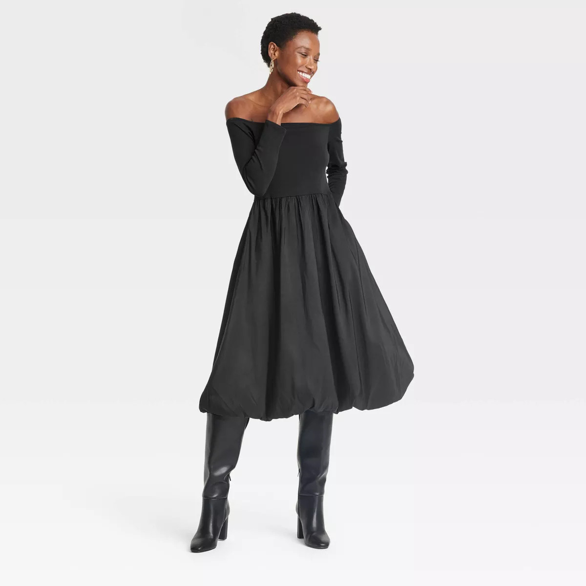Women's Long Sleeve Midi Empire Waist Dress - A New Day™ Black XS | Target