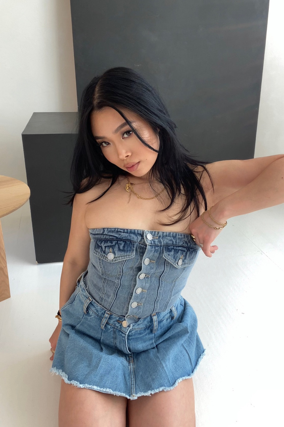 Wearing a Denim korset top with a denim skort. Top = xs/34. I have cup size 75B, wearing a sticky bra underneath. The back has elastic in case you want extra volume, that is also possible 

Denimseason denim on denim, korset, y2k style 

denim button up, 

#LTKfit #LTKeurope #LTKunder50