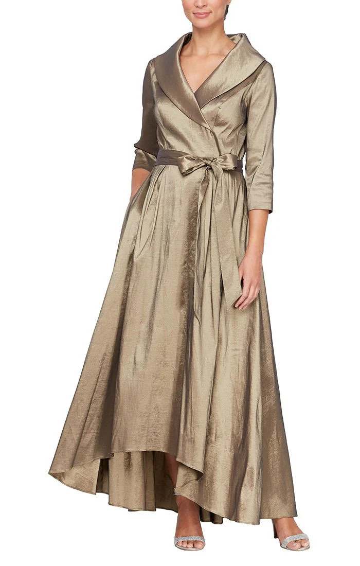 Portrait Collar Stretch Taffeta Dress with High Low Hem and Tie Belt | Alex Evenings