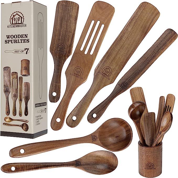 KITCHENMASTER - Spurtle Set - 6 PCE Wooden Kitchen Utensils with Utensil Holder - Wooden Spatula ... | Amazon (US)