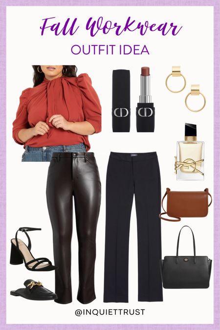 Here's an easy office outfit to copy: stylish red blouse, black pants, cute handbags and more!
#modestlook #outfitinspo #curvyoutfit #workwear

#LTKworkwear #LTKFind #LTKstyletip