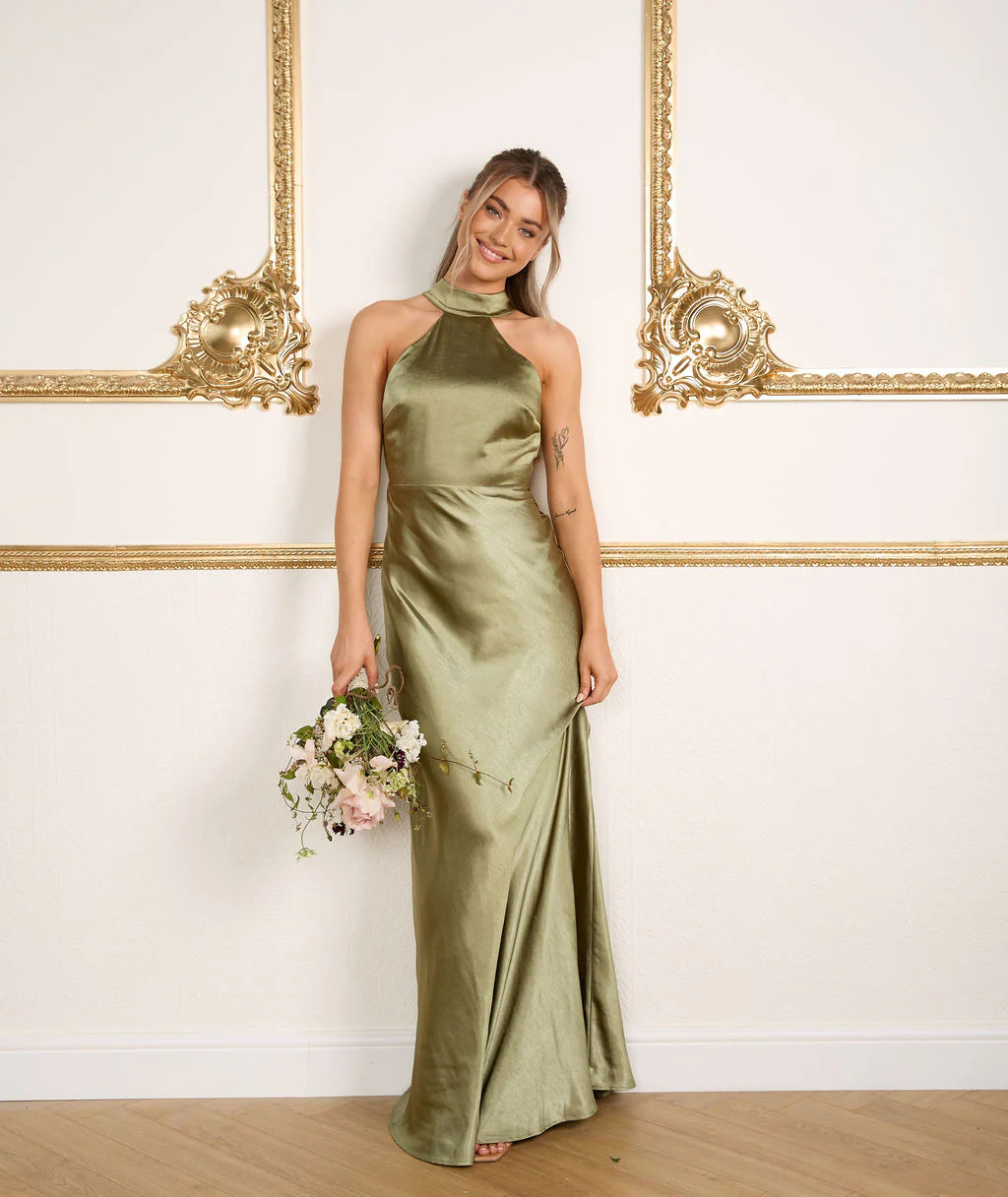 Halter Neck Satin Bridesmaid Dress - Moss Green | Six Stories