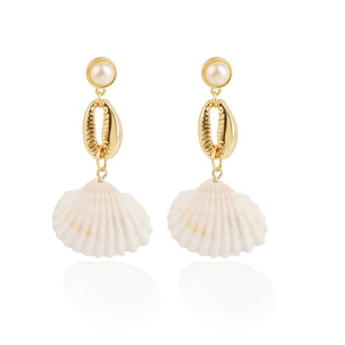 Bohemian Shell Drop Earrings for Women Pearl Shell Earrings Shell Dangle Earrings Natural Seashell Earrings 14K Gold Shell Earrings Jewelry for Women (Gold3) | Amazon (US)
