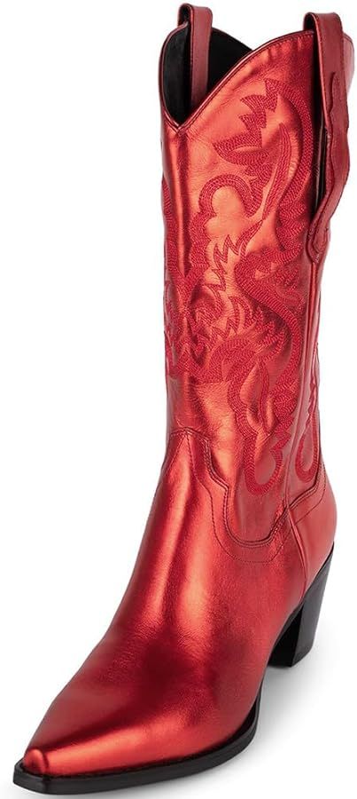 Mid Calf Cowgirl Boots for Women Chunky Stacked Heel Snip Toe Cowboy Boots | Amazon (US)