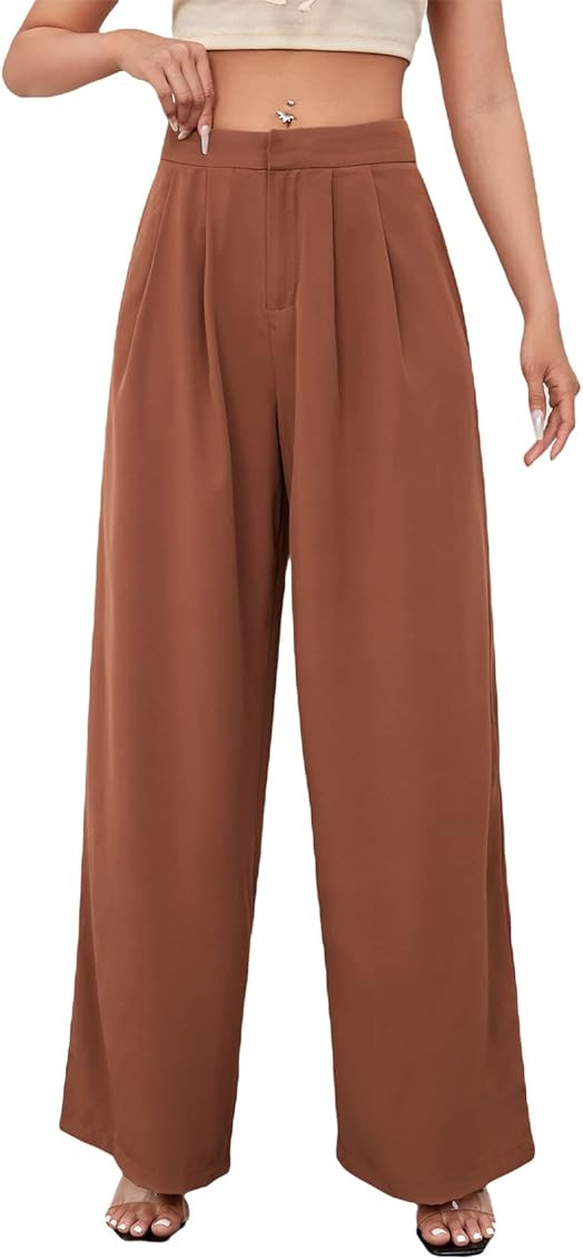Floerns Women's Casual High Waisted Pleated Wide Leg Palazzo Pants Trousers | Amazon (US)