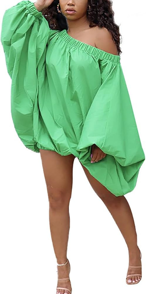 WOKANSE Bubble Dress for Women Batwing Long Sleeve Off Shoulder Stretchy Neck Loose Mini Puffy Co... | Amazon (US)