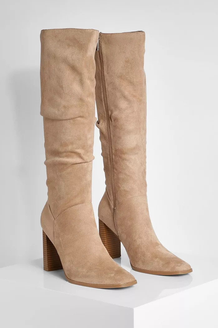 Faux Suede Ruched Block Heel Knee High Boot | Boohoo.com (UK & IE)