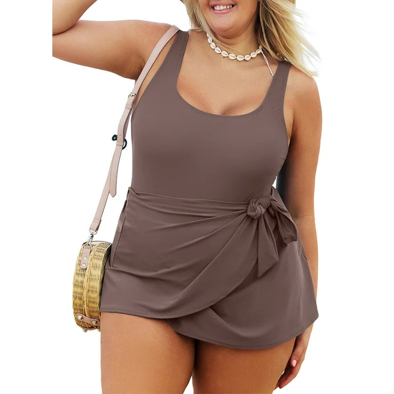 SHEWIN Womens Plus One-piece Swimsuits Padded Swim Dress Side Knot One Piece Bathing Suit with Sk... | Walmart (US)